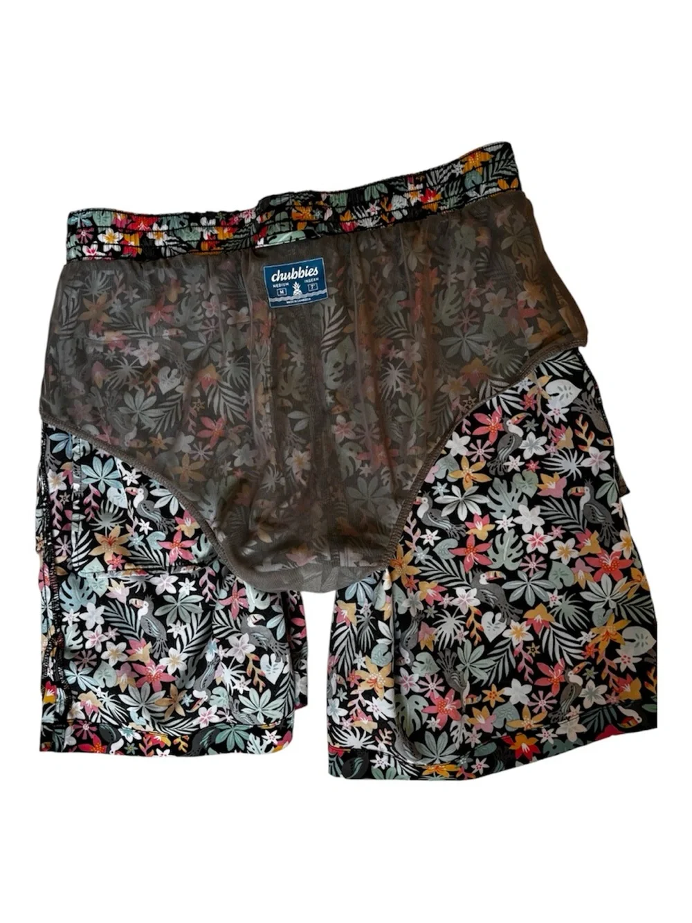 chubbies Floral Swim Trunks in Black with Pink Drawstring, Pockets